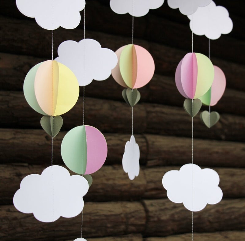 Mybbshower Pastel 3D Clouds Hot Air Balloons Garland Birthday Party Home Nursery Room Decorations Up Up and Away Photo Prop 5 pcs - Image 3